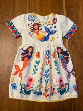 Taylor White Dress with Colorful Mermaid & Floral Art